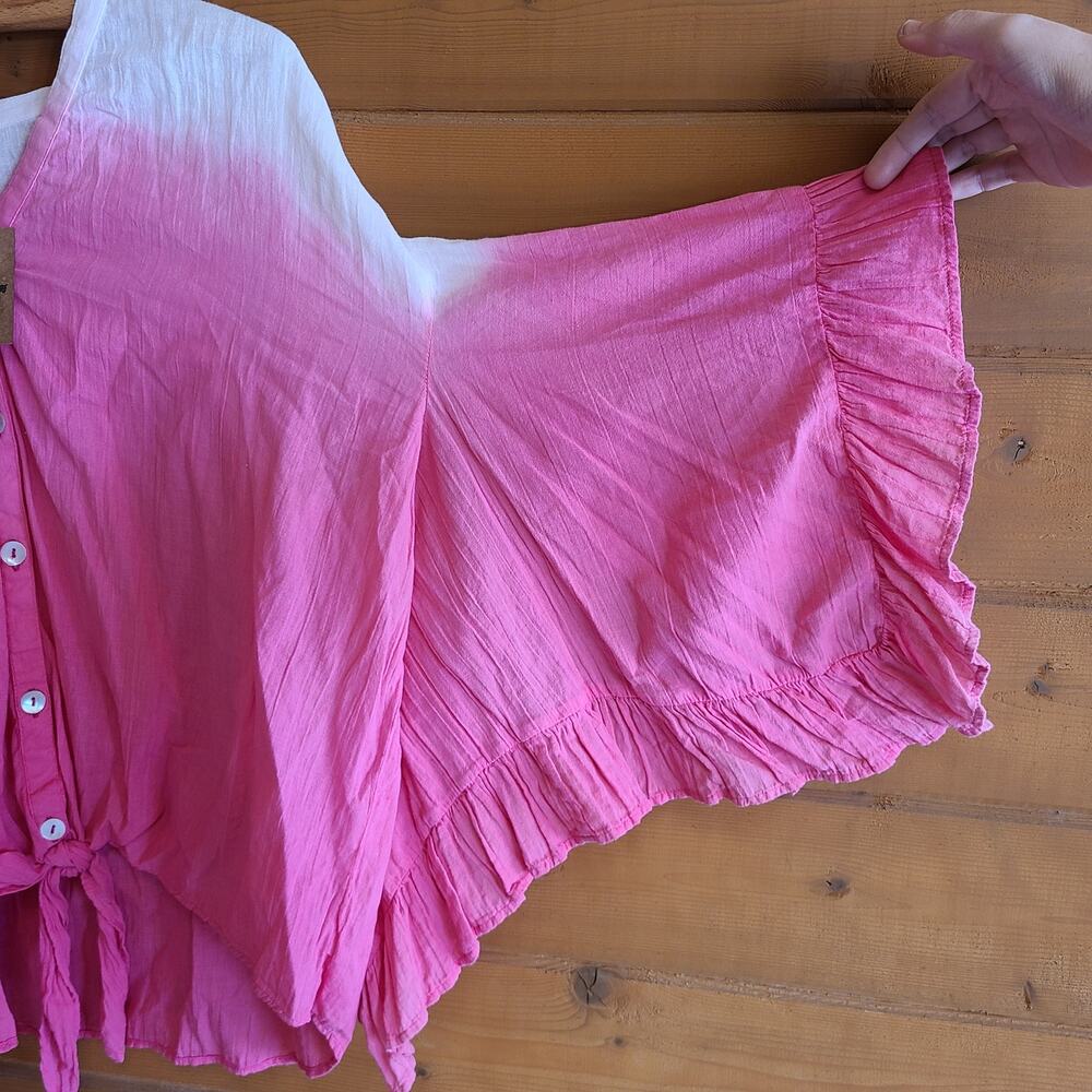Ivy Jane Top Flutter Blouse NWT Ombre Pink Tie Front S/M Flowy Sleeve Button - Picture 5 of 5